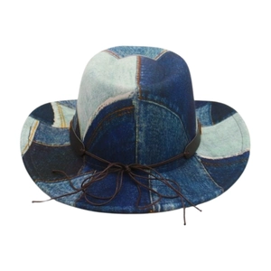Detail of multi-tone blue patchwork denim western hat with brown leather ribbon
