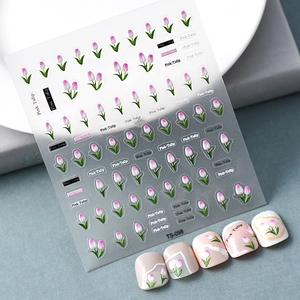 Stickers Ongles Relief 5D Tulipe Rose Fleur Texture Imperméable Autocollant Manucure Décalcomanies Décoration DIY
