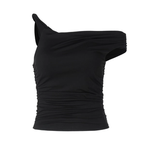 Women's black one-shoulder slim fit T-shirt with ruched side detail and asymmetrical cut