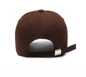 Detail view of the back of a dark brown cotton baseball cap with adjustable metal buckle