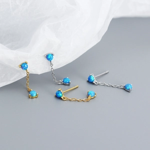 925 silver long tassel earrings with blue opal stones in gold and silver finish