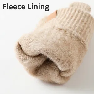 Winter thermal knit gloves with thick brushed fleece lining in oatmeal color for women