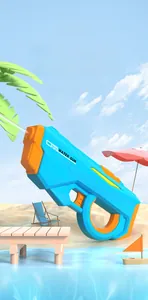 Detail of blue electric water gun with futuristic design for kids pool and beach play