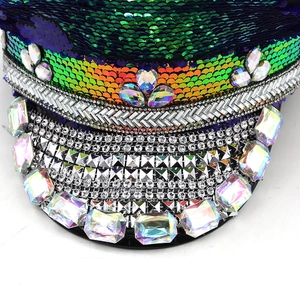 Close-up of luxury bridal captain hat featuring colorful sequins and AB crystal rhinestones