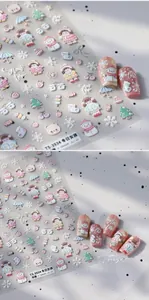 Detailed 5D relief nail stickers featuring winter girls, snowmen and blue trees