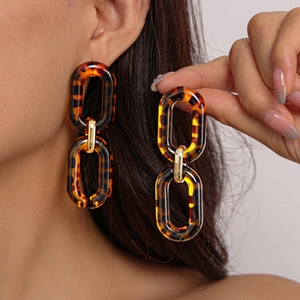 Vintage tortoiseshell acrylic leopard print chain earrings with golden metal links for women