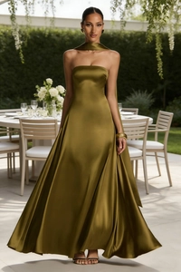 Close-up of olive green satin backless maxi dress with matching neck strap detail