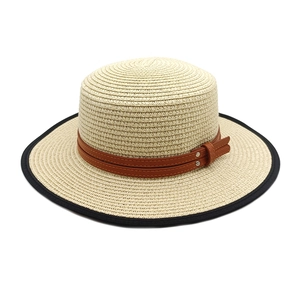 Chapeau De Paille Boater Pour Femmes Large Bord Calotte Plate Protection Solaire Plage Avec Bande Similicuir Et Rivets