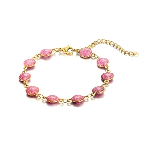 18K gold plated stainless steel bracelet featuring round pink glitter charms for women