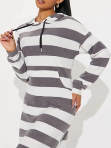 Women's casual grey striped hooded sweatshirt dress with front pocket and drawstring
