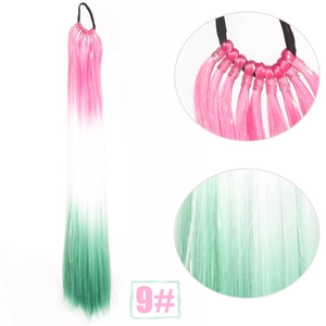 Detail of pink to green gradient synthetic ponytail extension with elastic hair band
