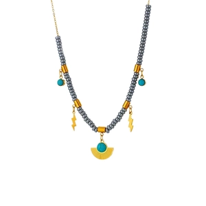 Titanium steel beaded necklace with lightning and turquoise shell pendants on white background