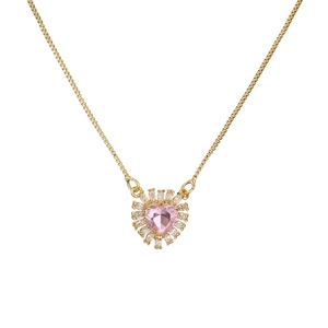 Pink heart crystal necklace with zircon accents on a golden box chain for women