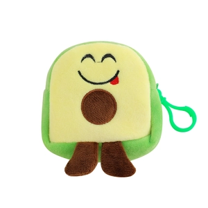 Detail of cute avocado plush coin purse featuring a green plastic hook for kids