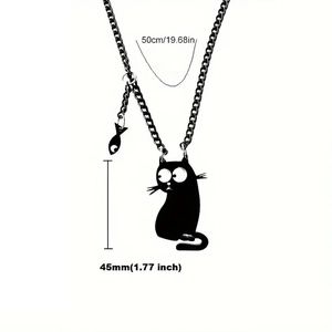 Collana creativa con ciondolo a forma di gatto nero e piccolo pesce in acciaio