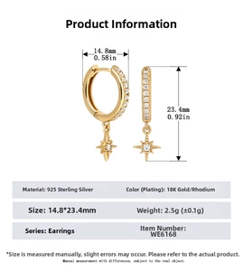 Detailed size specifications for S925 sterling silver star dangle earrings in gold plating