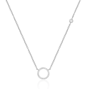 Close-up of S925 sterling silver geometric circle necklace with pave-set shimmering stones