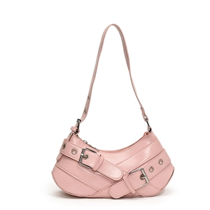 Pink PU baguette underarm bag with silver buckle belts and adjustable shoulder strap