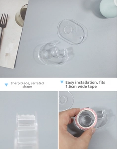 Detail showing serrated metal blade and easy installation of the transparent tape cutter