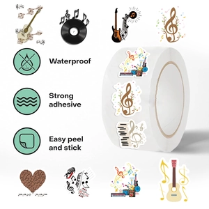500pcs music theme stickers roll featuring guitars and vinyl records for DIY decoration