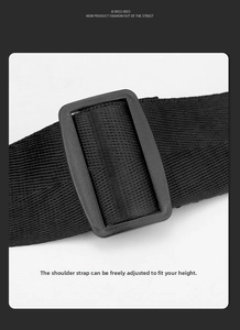 Macro shot of adjustable woven shoulder strap with a sturdy plastic buckle on black bag