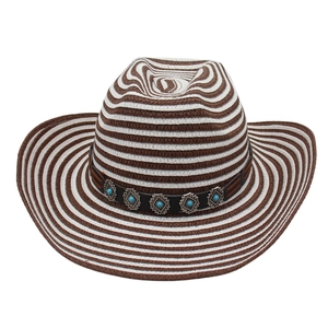Western style wide brim straw fedora with brown stripes and turquoise belt buckle