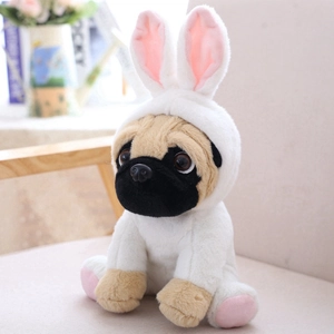 Adorable plush pug puppy in a white bunny hoodie costume sitting on a wooden chair