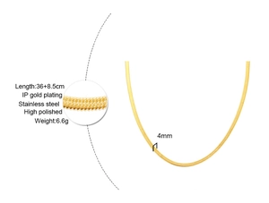 Macro detail of 4mm gold plated stainless steel snake chain with technical dimensions