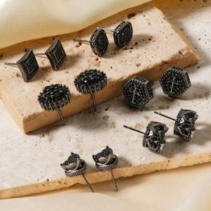 Set of 6 pairs of black cubic zirconia stud earrings in assorted geometric shapes for men