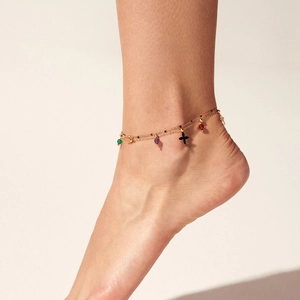 Bracelet de cheville doré double rang avec perles colorées et pendentif fleur noire