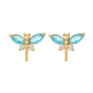Pendientes de libélula bañados en oro de 18K con circonitas azules y blancas