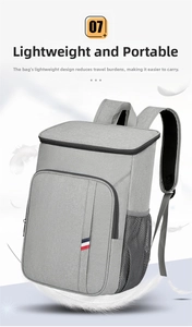 Détail d'un sac à dos isotherme léger gris avec poche frontale et compartiments latéraux