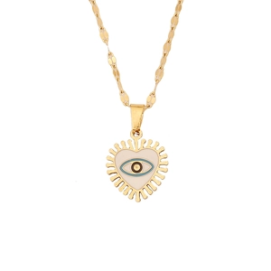 Golden stainless steel heart pendant with blue enamel evil eye charm on water wave chain