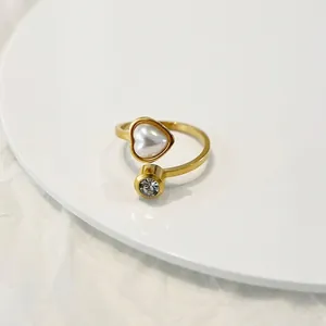 Titanium Steel Open Ring 18K Gold Plated With Heart Artificial Pearl And Zircon Adjustable Minimalist Jewelry For Women