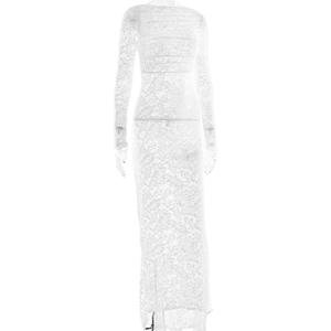 Detailed view of white floral lace long sleeve dress with elegant sheer texture