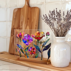 Floral acrylic plaque with stained glass patterns on wood base for kitchen decor