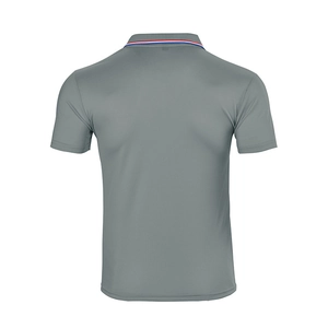 Back view of gray athletic polo shirt showing red white and blue striped collar detail