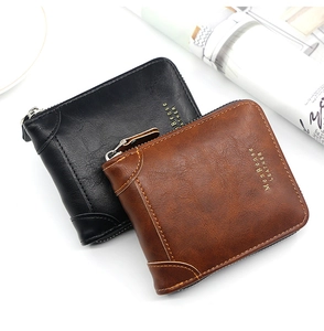 Detailed view of trifold leather wallets in black and brown with secure L-shaped zipper