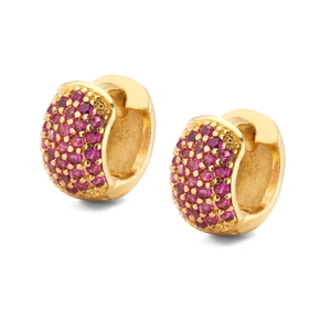 Detailed macro view of gold huggie earrings with pave-set pink and purple zircons