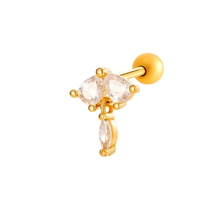 Golden screw-back cartilage earring with three sparkling teardrop crystals on white background