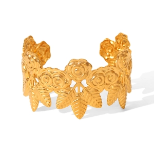 Exaggerated 18K gold plated stainless steel open bangle with hollow rose and leaf pattern