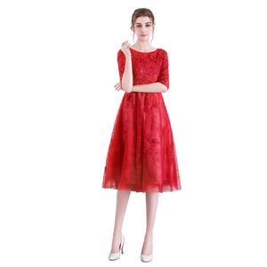 Elegant red lace evening dress with short sleeves and floral embroidery for women