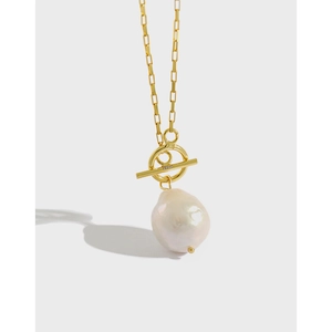 Baroque Freshwater Pearl Necklace With 925 Sterling Silver Toggle Clasp Rectangle Link Chain French Retro Jewelry For Women