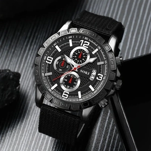 Men's SOKI black sport watch with silver dial details and black nylon strap on textured background