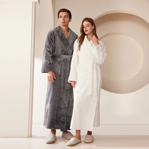 Thick flannel couple bathrobes in grey and white with waffle texture trim details