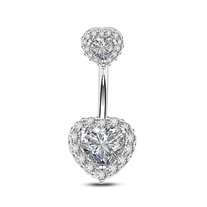 Silver double heart belly ring with sparkling zircon stones on a white background