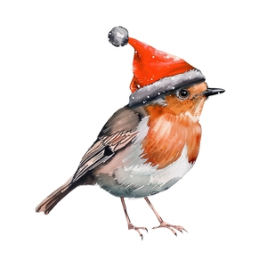 Watercolor Christmas robin wearing a red hat for holiday room decoration and crafts