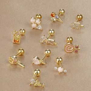 Set of ten 18K gold plated stainless steel lollipop and heart stud earrings for women