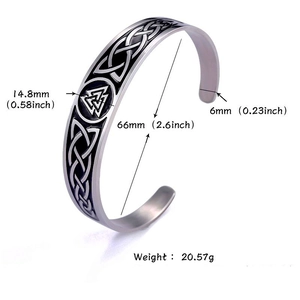 Vintage stainless steel cuff bracelet with engraved Celtic knot and Valknut symbol design
