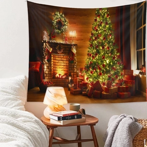 Close-up detail of a Christmas tree tapestry with fireplace and gifts for room wall decor